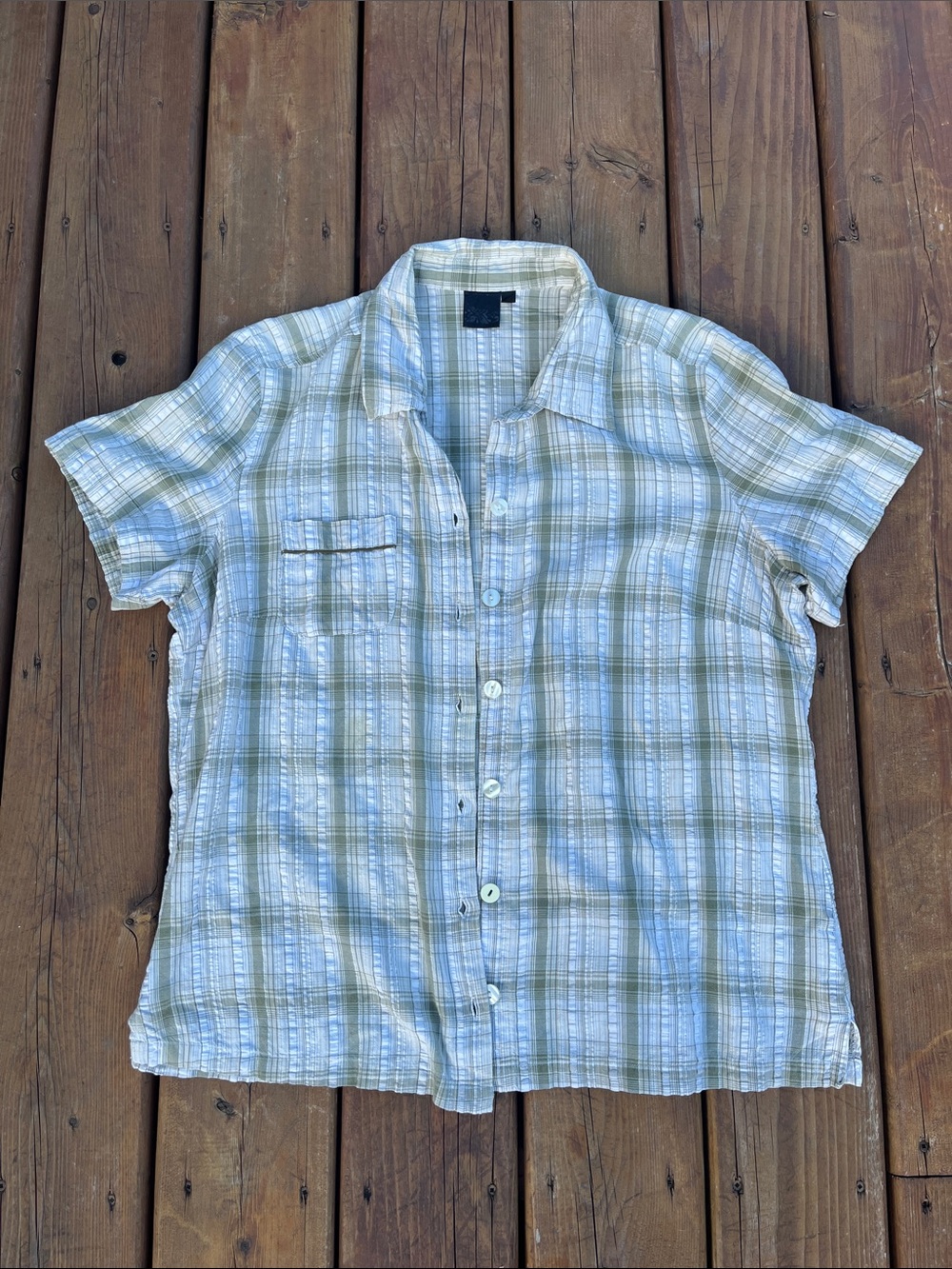 Light green and white plaid button up shirt